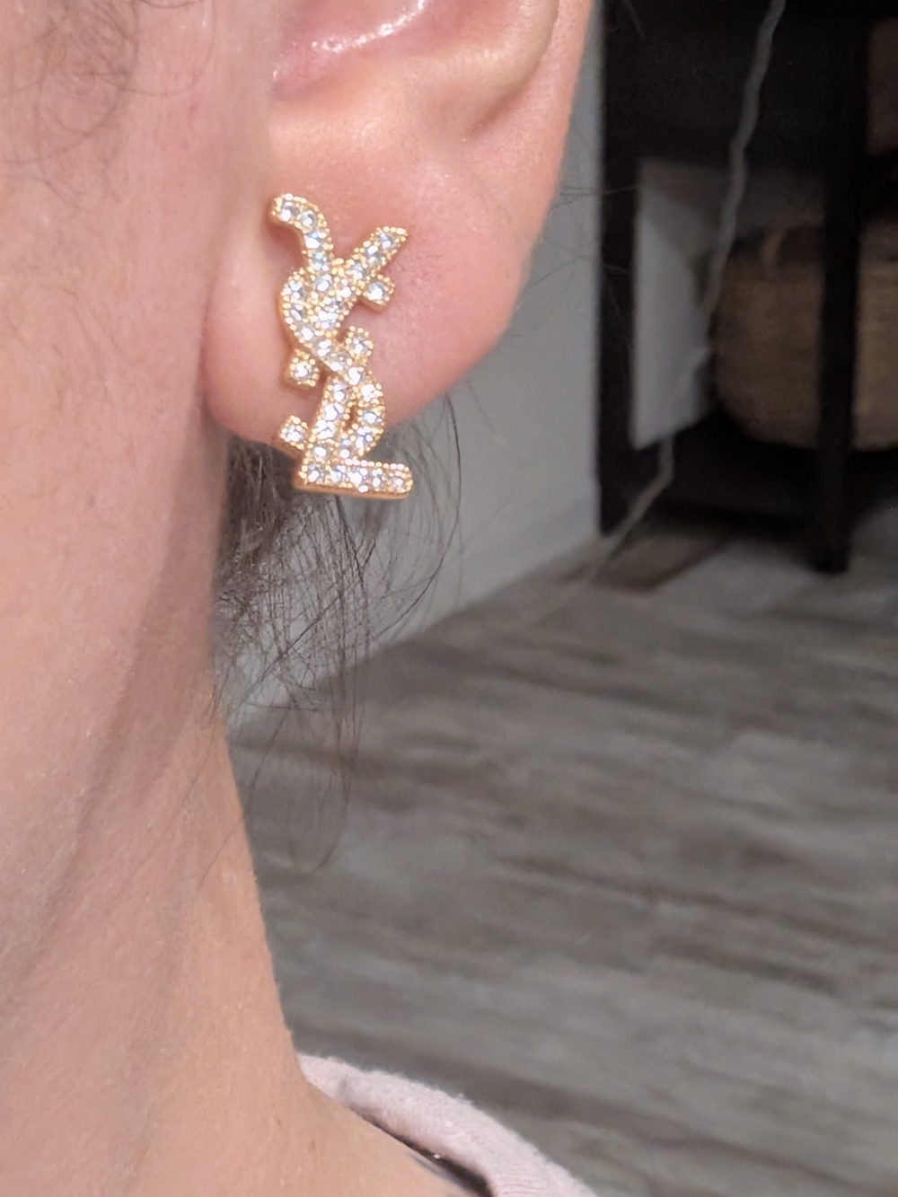 Yves Saint Laurent Crystal-Embellished Gold YSL Logo Stud Earrings - Picture 11 of 12